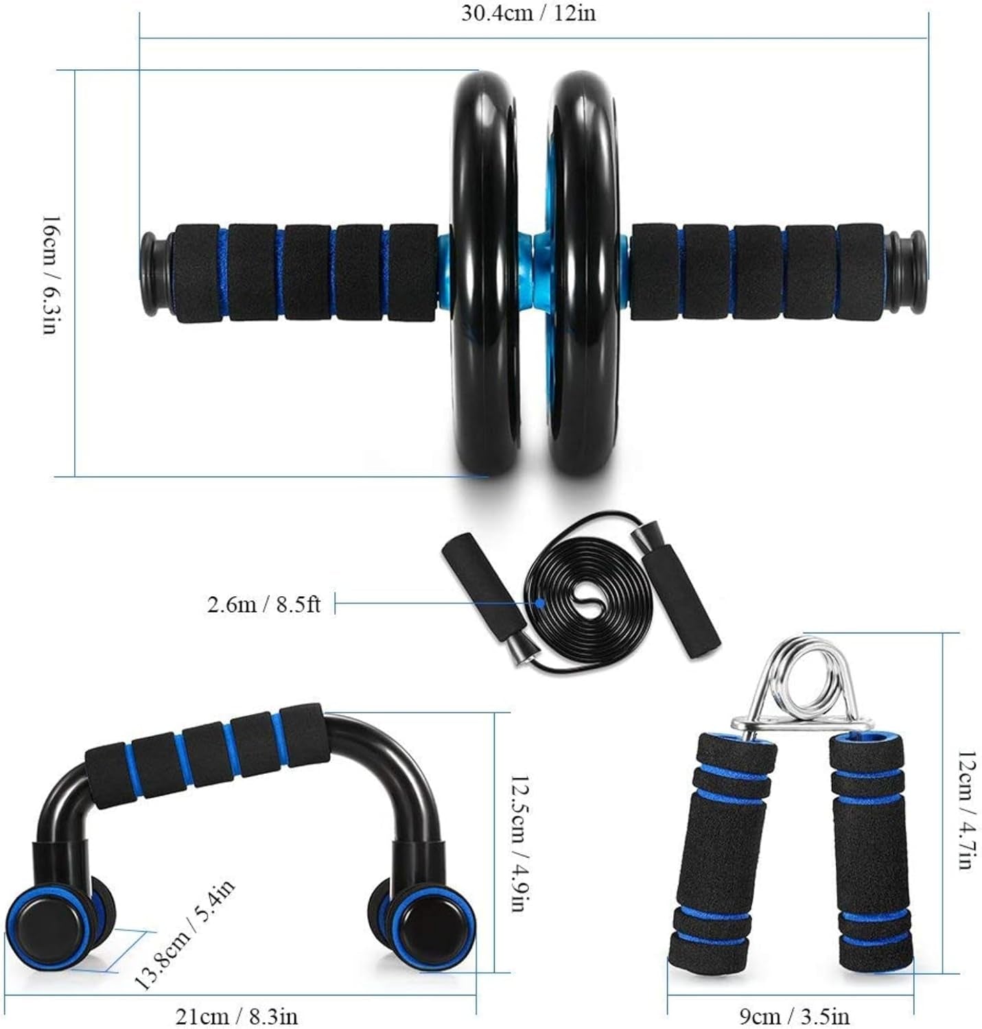 AB Wheel Roller Kit with Push-Up Bar, Knee Mat, Jump Rope and Hand Gripper - Home Gym Workout for Men Women Core Strength & Abdominal Exercis
