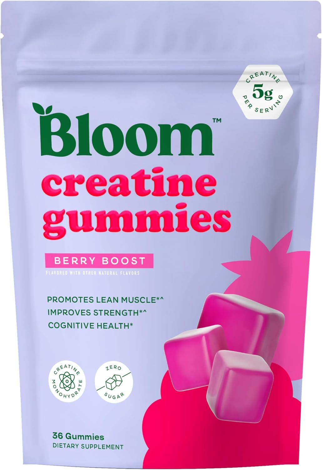 Bloom Creatine Monohydrate Gummies, 5G per Serving, Sugar Free Creatine Gummy for Workout, Strength, Cognitive Health & Lean Muscle Support, Gluten Free & Non GMO, Berry Boost, 36 Gummies, 12 SVG