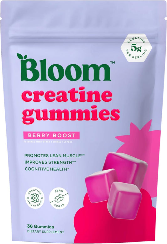 Bloom Creatine Monohydrate Gummies, 5G per Serving, Sugar Free Creatine Gummy for Workout, Strength, Cognitive Health & Lean Muscle Support, Gluten Free & Non GMO, Berry Boost, 36 Gummies, 12 SVG