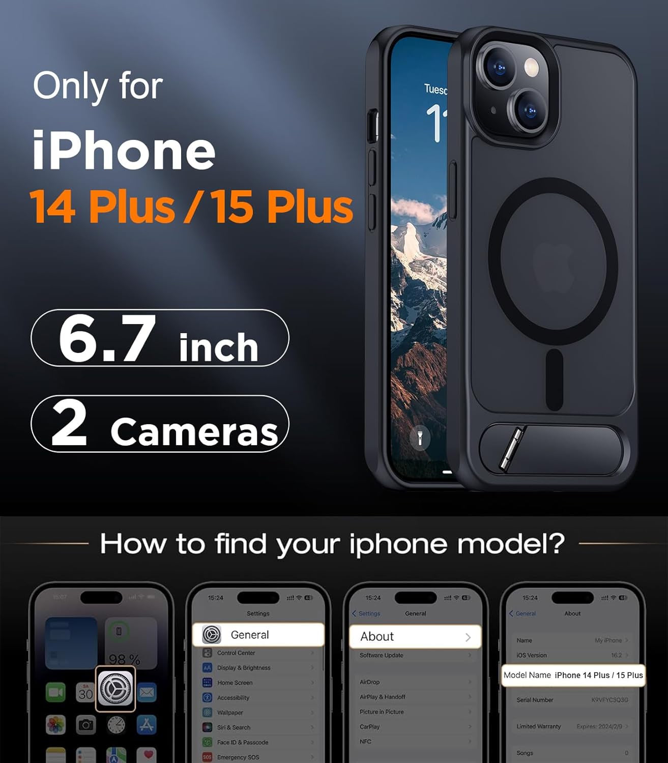 Magnetic Compatible with Iphone 15 plus Case & Iphone 14 plus Case, [Built-In Invisible Kickstand][Compatible with Magsafe][Military Grade Shockproof] Slim Translucent Matte Phone Case 6.7"