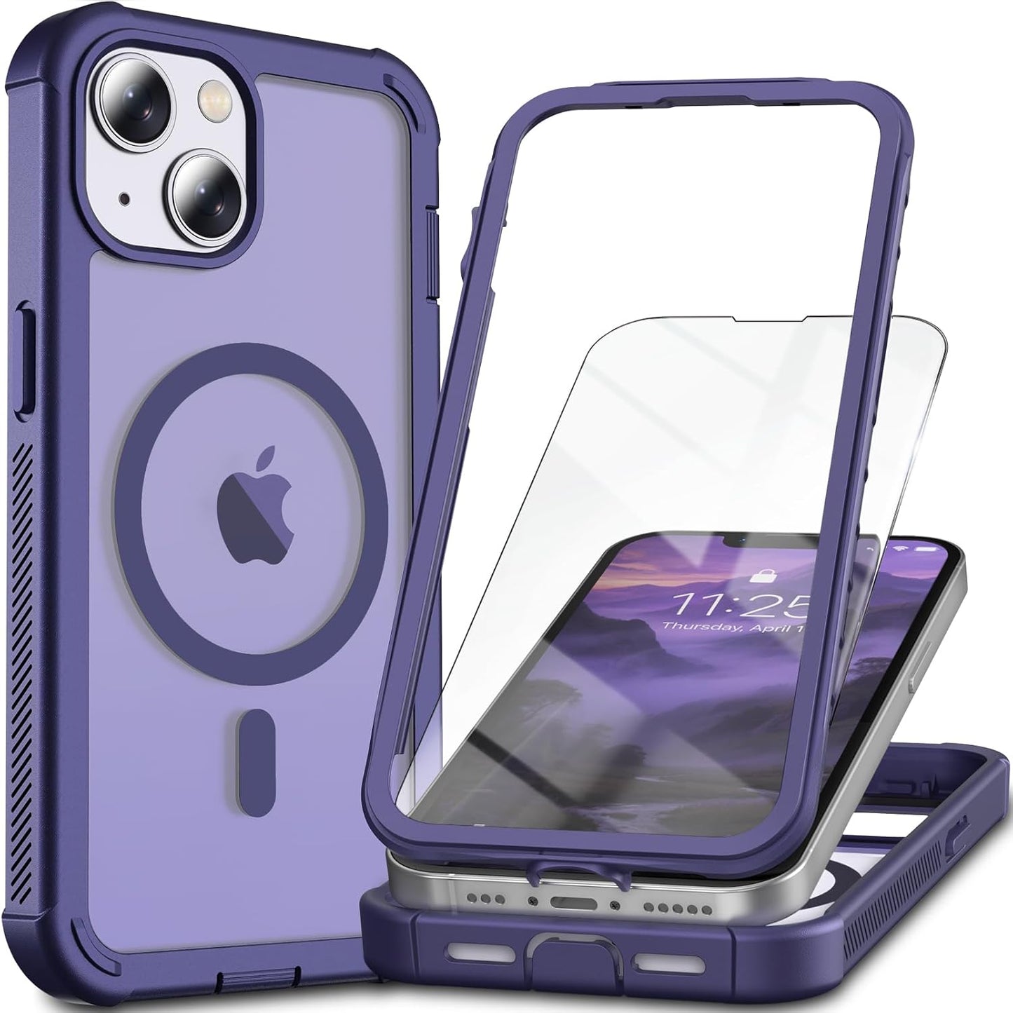 Magnetic for Iphone 13/14 Case,[Screen Protector] [Compatible with Magsafe][Military Grade Drop Protection][Heavy Duty Protection][Shockproof] 2-Layer Durable Bumper Phone Case 6.1"-Purple