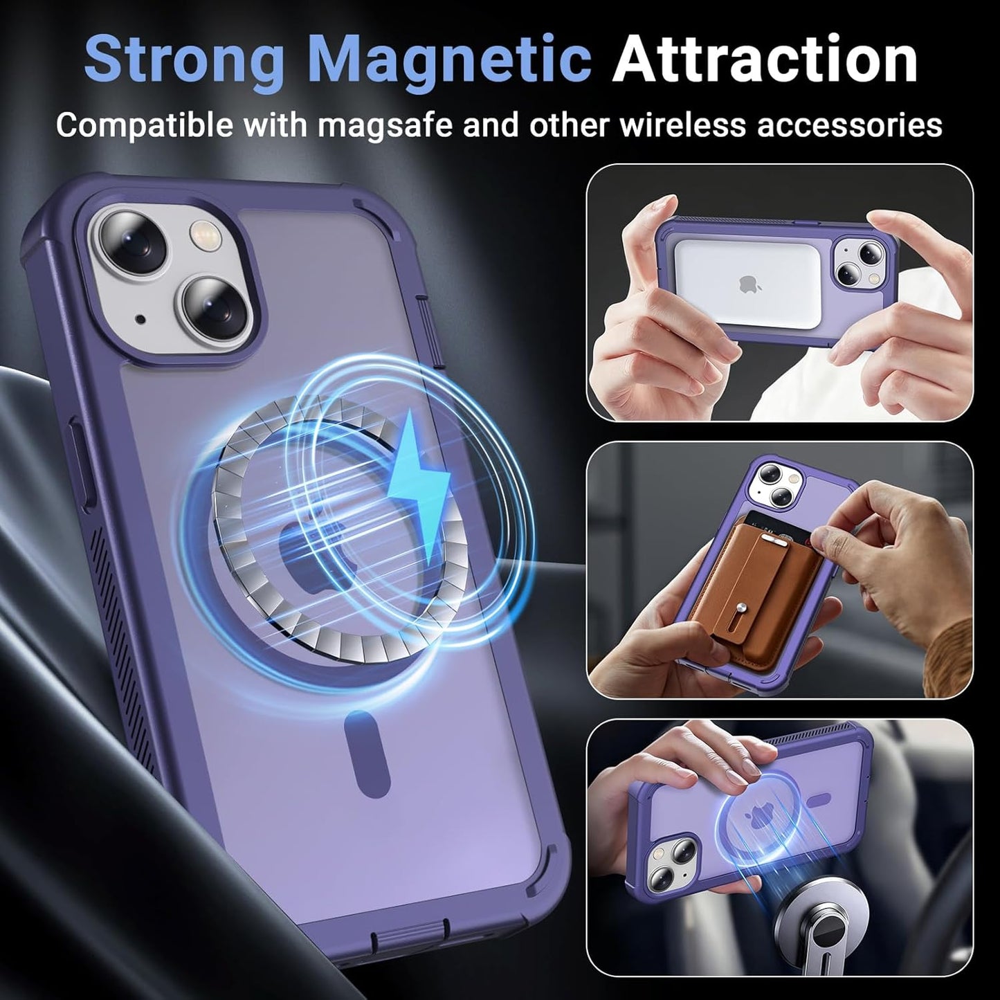 Magnetic for Iphone 13/14 Case,[Screen Protector] [Compatible with Magsafe][Military Grade Drop Protection][Heavy Duty Protection][Shockproof] 2-Layer Durable Bumper Phone Case 6.1"-Purple