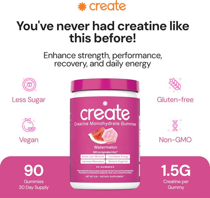 Creatine Monohydrate Gummies for Men & Women, Boost Focus, Strength, and Endurance, Anti-Melting Formula, Vegan, Gluten-Free, Non-Gmo, 1.5G of Creatine per Gummy (Watermelon)