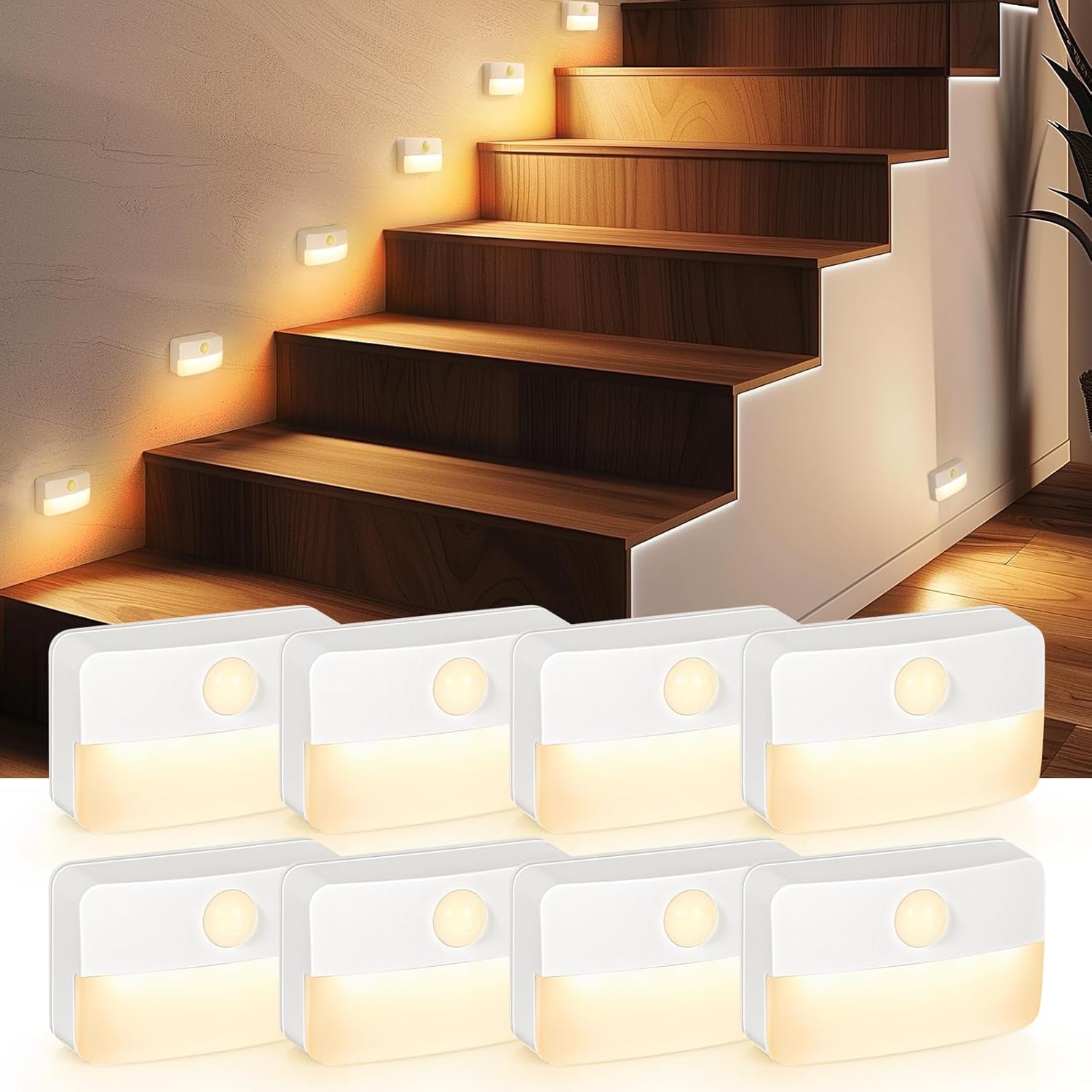 8 Pack Motion Sensor Stair Light for Indoor, Battery Operated Closet Lights, Wireless Stick on Anywhere Hallway Lamp, Portable Led Night Lamps for Bedroom under Cabinet Kitchen