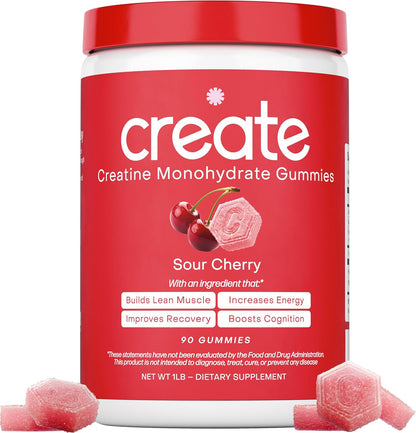 Creatine Monohydrate Gummies for Men & Women, Boost Focus, Strength, and Endurance, Anti-Melting Formula, Vegan, Gluten-Free, Non-Gmo, 1.5G of Creatine per Gummy (Sour Cherry)