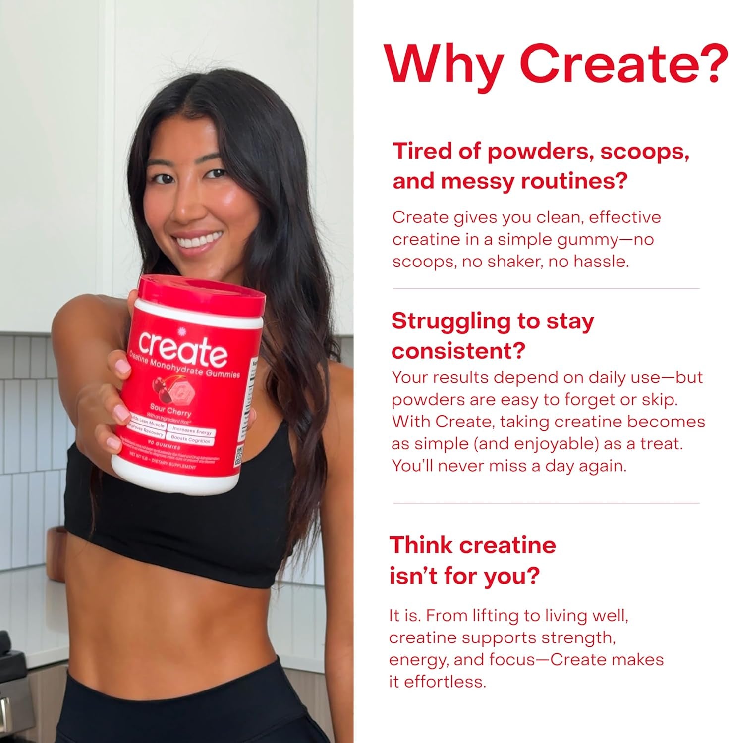 Creatine Monohydrate Gummies for Men & Women, Boost Focus, Strength, and Endurance, Anti-Melting Formula, Vegan, Gluten-Free, Non-Gmo, 1.5G of Creatine per Gummy (Sour Cherry)