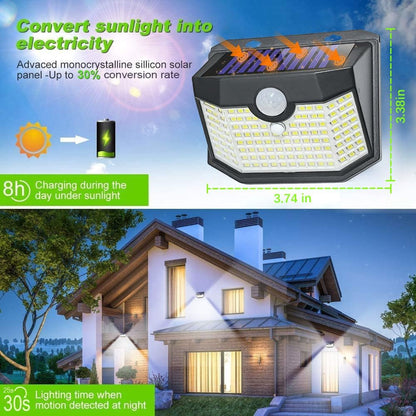 120 LED Outdoor Solar Lights with Motion Sensor and 3 Lighting Modes, IP65 Waterproof Wide Solar Wall Lights Ideal for Garden Patio Yard (Front Button 6Packs, Black Shell-Daylight White)