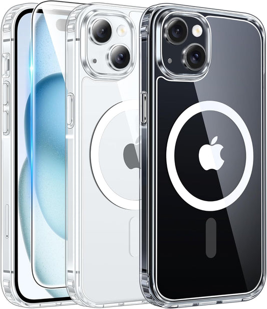 for Iphone 15 Case Clear: Iphone 14/13 Case Magnetic Phone Cases with Screen Protector Compatible with Magsafe Slim anti Yellowing Rugged Protective Transparent Cell Cover (A-Clear)