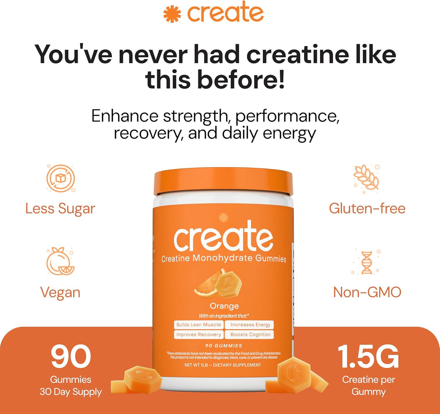 Creatine Monohydrate Gummies for Men & Women, Boost Focus, Strength, and Endurance, Anti-Melting Formula, Vegan, Gluten-Free, Non-Gmo, 1.5G of Creatine per Gummy (Orange)