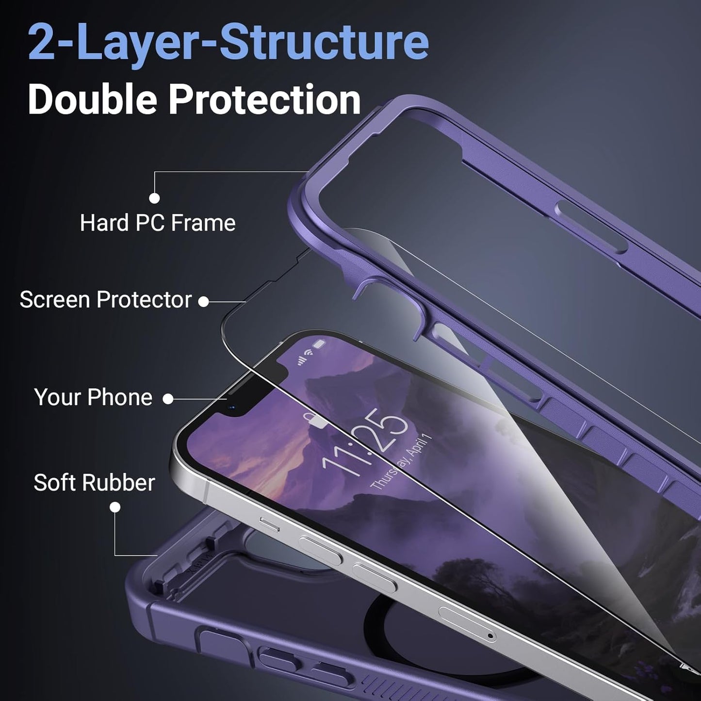 Magnetic for Iphone 13/14 Case,[Screen Protector] [Compatible with Magsafe][Military Grade Drop Protection][Heavy Duty Protection][Shockproof] 2-Layer Durable Bumper Phone Case 6.1"-Purple