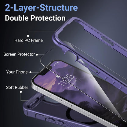 Magnetic for Iphone 13/14 Case,[Screen Protector] [Compatible with Magsafe][Military Grade Drop Protection][Heavy Duty Protection][Shockproof] 2-Layer Durable Bumper Phone Case 6.1"-Purple