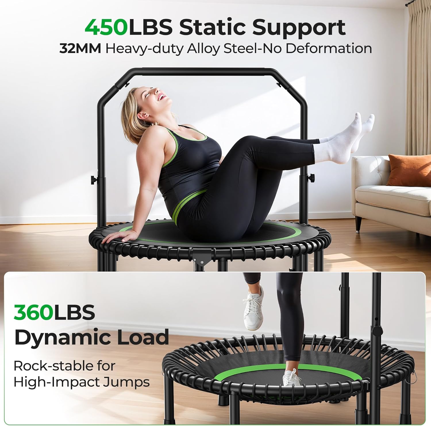 Experience Ultimate Fitness with the BT2 Mini Rebounder Trampoline - Supports Up to 550LBS, Features Adjustable Handlebar and Bungee System for a Quiet, Whole-Body Workout at Home