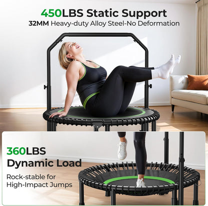 Experience Ultimate Fitness with the BT2 Mini Rebounder Trampoline - Supports Up to 550LBS, Features Adjustable Handlebar and Bungee System for a Quiet, Whole-Body Workout at Home