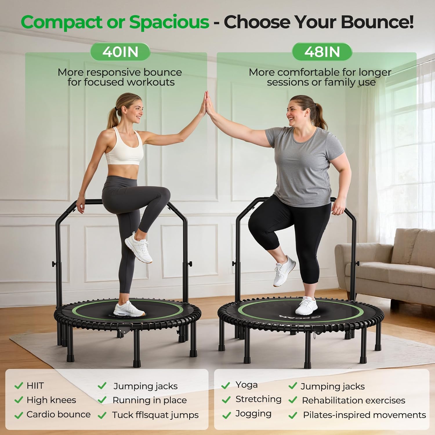 Experience Ultimate Fitness with the BT2 Mini Rebounder Trampoline - Supports Up to 550LBS, Features Adjustable Handlebar and Bungee System for a Quiet, Whole-Body Workout at Home