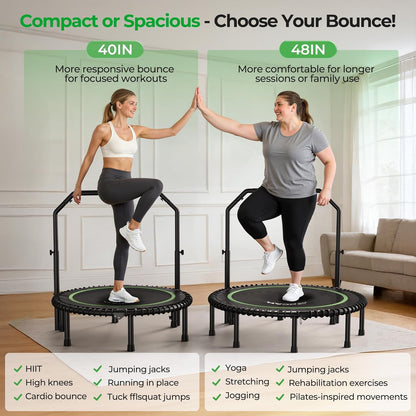 Experience Ultimate Fitness with the BT2 Mini Rebounder Trampoline - Supports Up to 550LBS, Features Adjustable Handlebar and Bungee System for a Quiet, Whole-Body Workout at Home