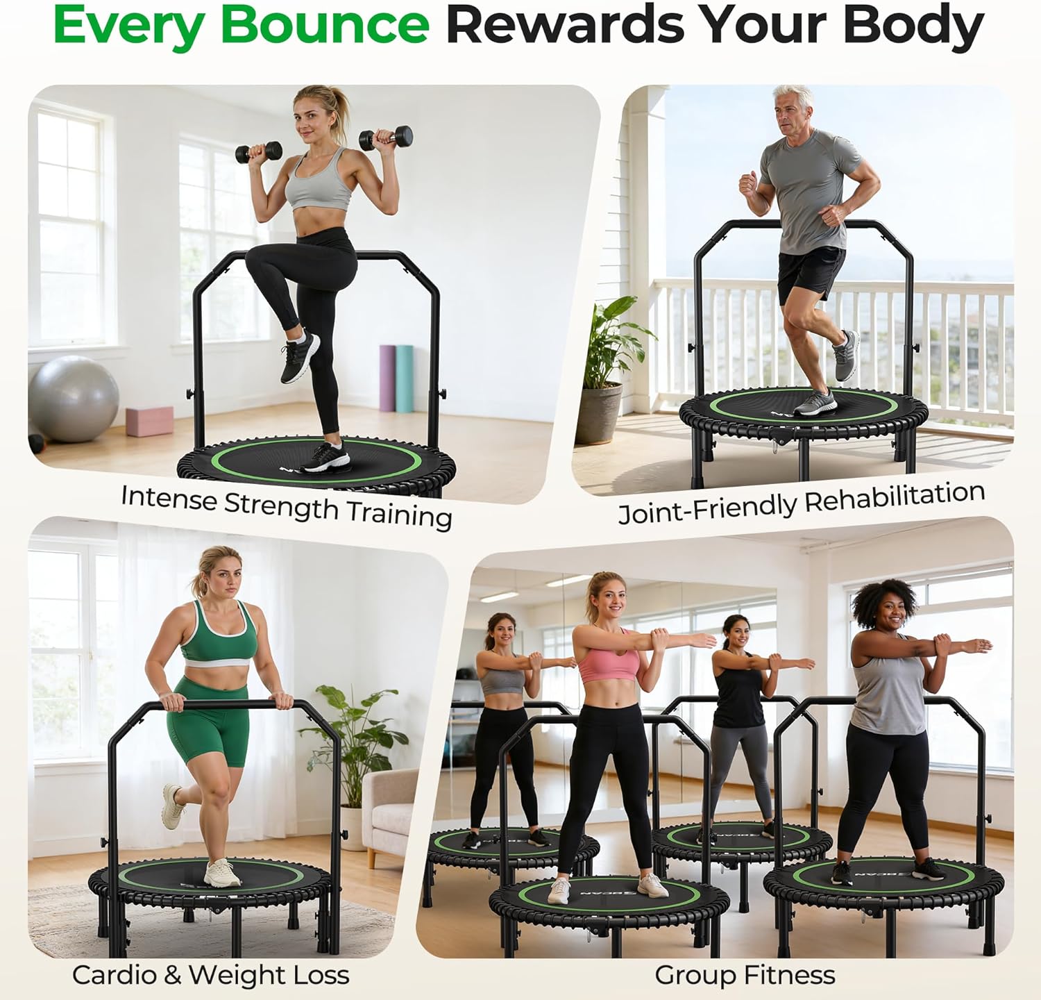 Experience Ultimate Fitness with the BT2 Mini Rebounder Trampoline - Supports Up to 550LBS, Features Adjustable Handlebar and Bungee System for a Quiet, Whole-Body Workout at Home