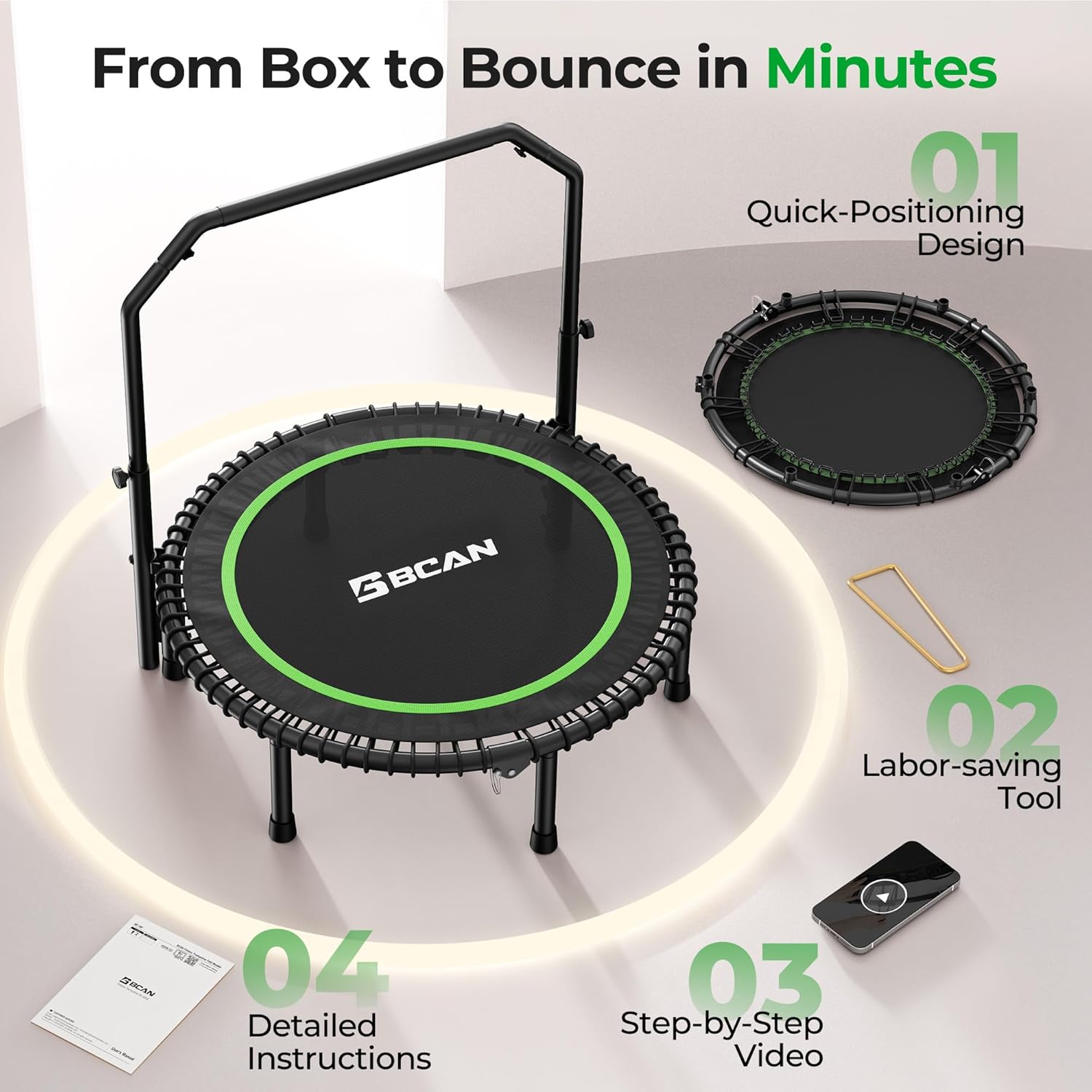 Experience Ultimate Fitness with the BT2 Mini Rebounder Trampoline - Supports Up to 550LBS, Features Adjustable Handlebar and Bungee System for a Quiet, Whole-Body Workout at Home