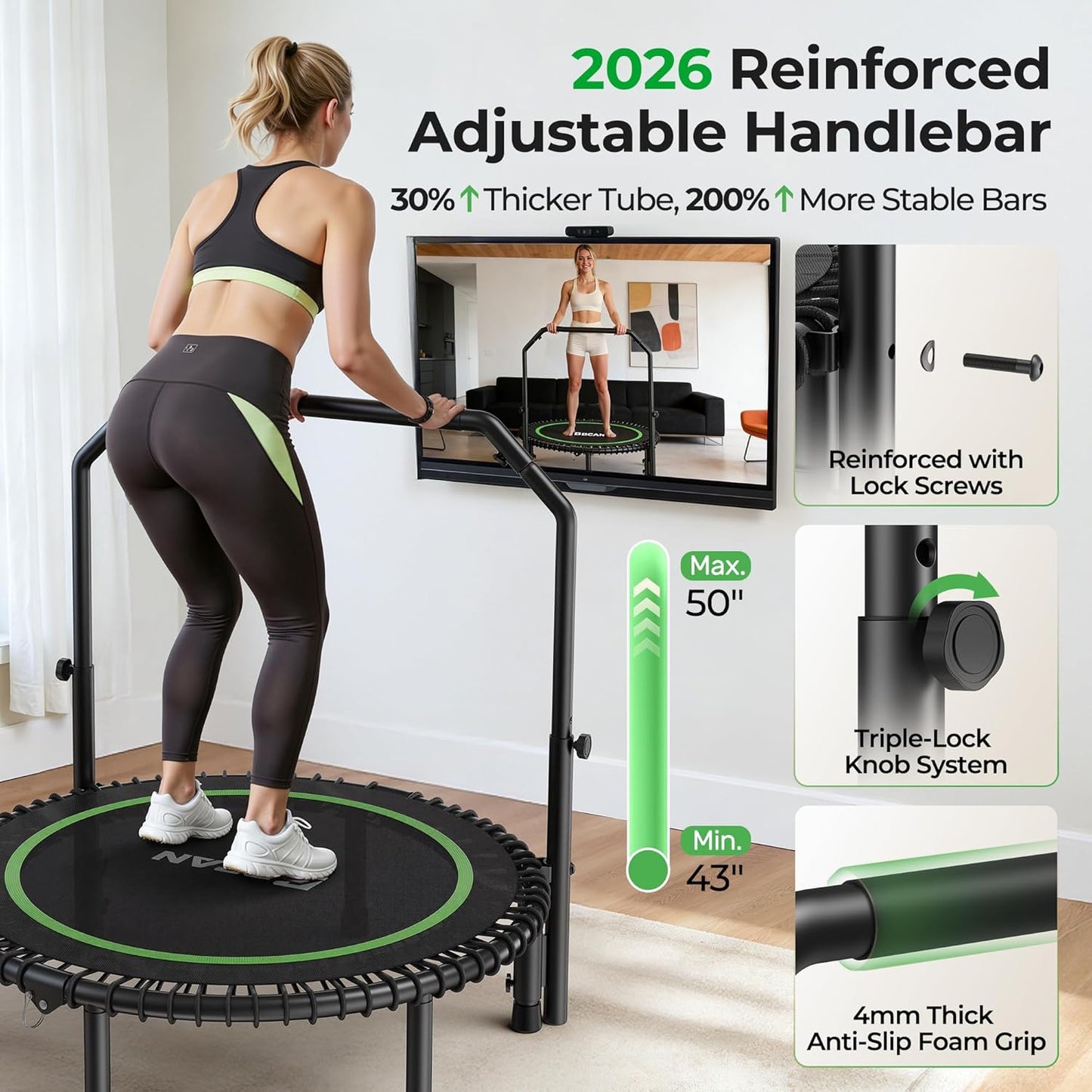 Experience Ultimate Fitness with the BT2 Mini Rebounder Trampoline - Supports Up to 550LBS, Features Adjustable Handlebar and Bungee System for a Quiet, Whole-Body Workout at Home