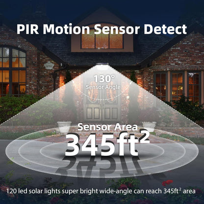 120 LED Outdoor Solar Lights with Motion Sensor and 3 Lighting Modes, IP65 Waterproof Wide Solar Wall Lights Ideal for Garden Patio Yard (Front Button 6Packs, Black Shell-Daylight White)