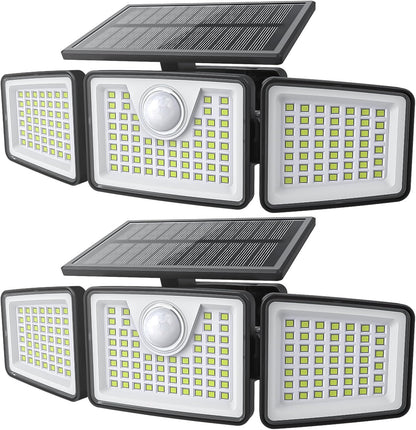 2500LM Solar Lights Outdoor with Motion Sensor,3 Head 270° Wide Angle Street Area Lights, IP65 Waterproof Security Lighting with 3 Modes(Non-Remote,2 Pcs)