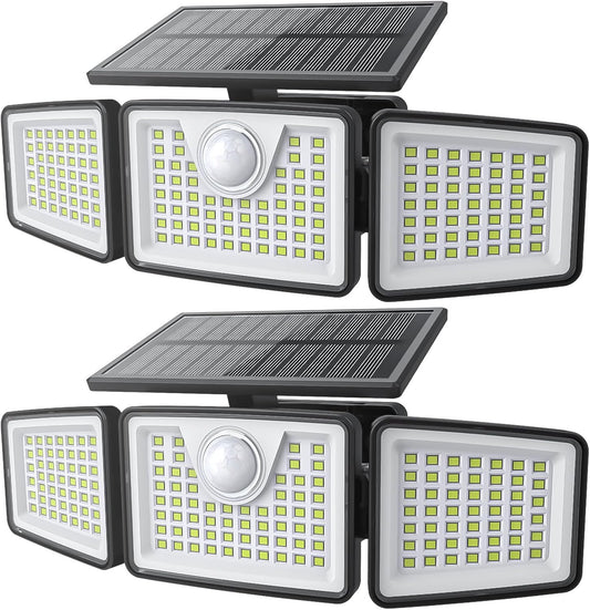 2500LM Solar Lights Outdoor with Motion Sensor,3 Head 270° Wide Angle Street Area Lights, IP65 Waterproof Security Lighting with 3 Modes(Non-Remote,2 Pcs)