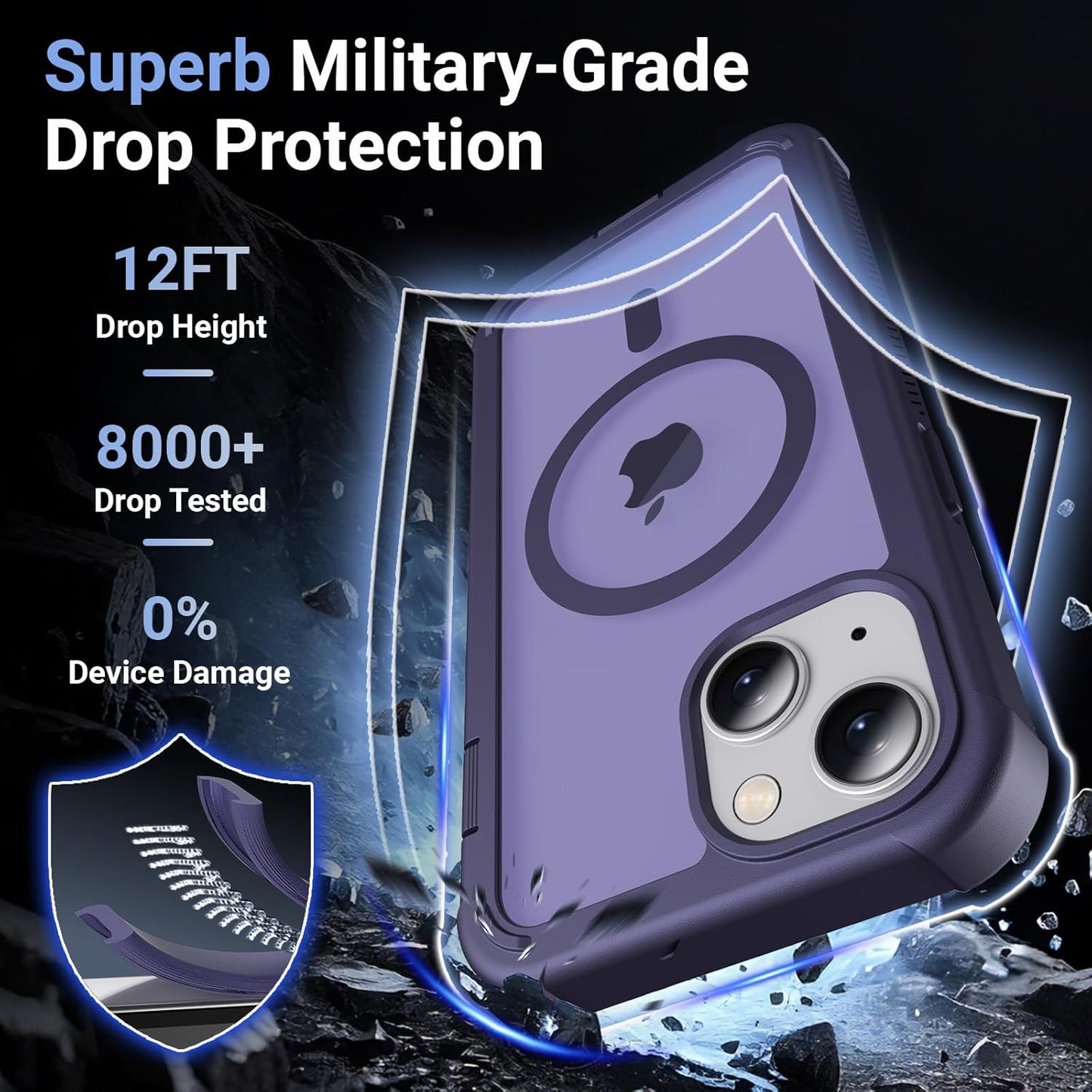 Magnetic for Iphone 13/14 Case,[Screen Protector] [Compatible with Magsafe][Military Grade Drop Protection][Heavy Duty Protection][Shockproof] 2-Layer Durable Bumper Phone Case 6.1"-Purple