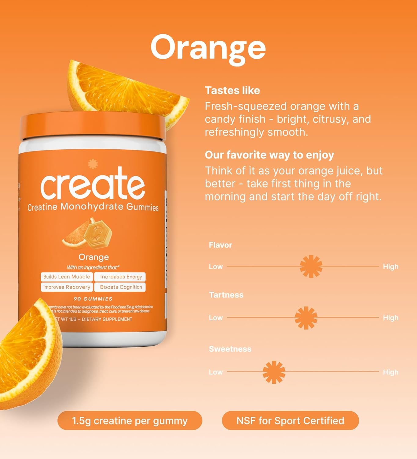 Creatine Monohydrate Gummies for Men & Women, Boost Focus, Strength, and Endurance, Anti-Melting Formula, Vegan, Gluten-Free, Non-Gmo, 1.5G of Creatine per Gummy (Orange)