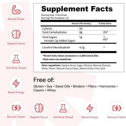 Creatine Monohydrate Gummies for Men & Women, Boost Focus, Strength, and Endurance, Anti-Melting Formula, Vegan, Gluten-Free, Non-Gmo, 1.5G of Creatine per Gummy (Sour Cherry)