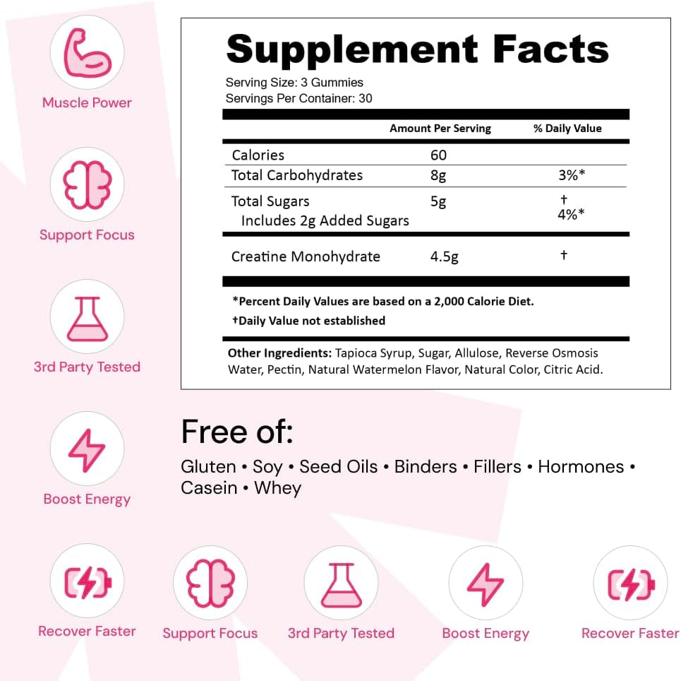 Creatine Monohydrate Gummies for Men & Women, Boost Focus, Strength, and Endurance, Anti-Melting Formula, Vegan, Gluten-Free, Non-Gmo, 1.5G of Creatine per Gummy (Watermelon)