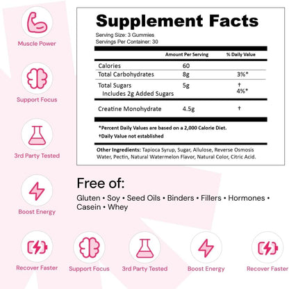 Creatine Monohydrate Gummies for Men & Women, Boost Focus, Strength, and Endurance, Anti-Melting Formula, Vegan, Gluten-Free, Non-Gmo, 1.5G of Creatine per Gummy (Watermelon)