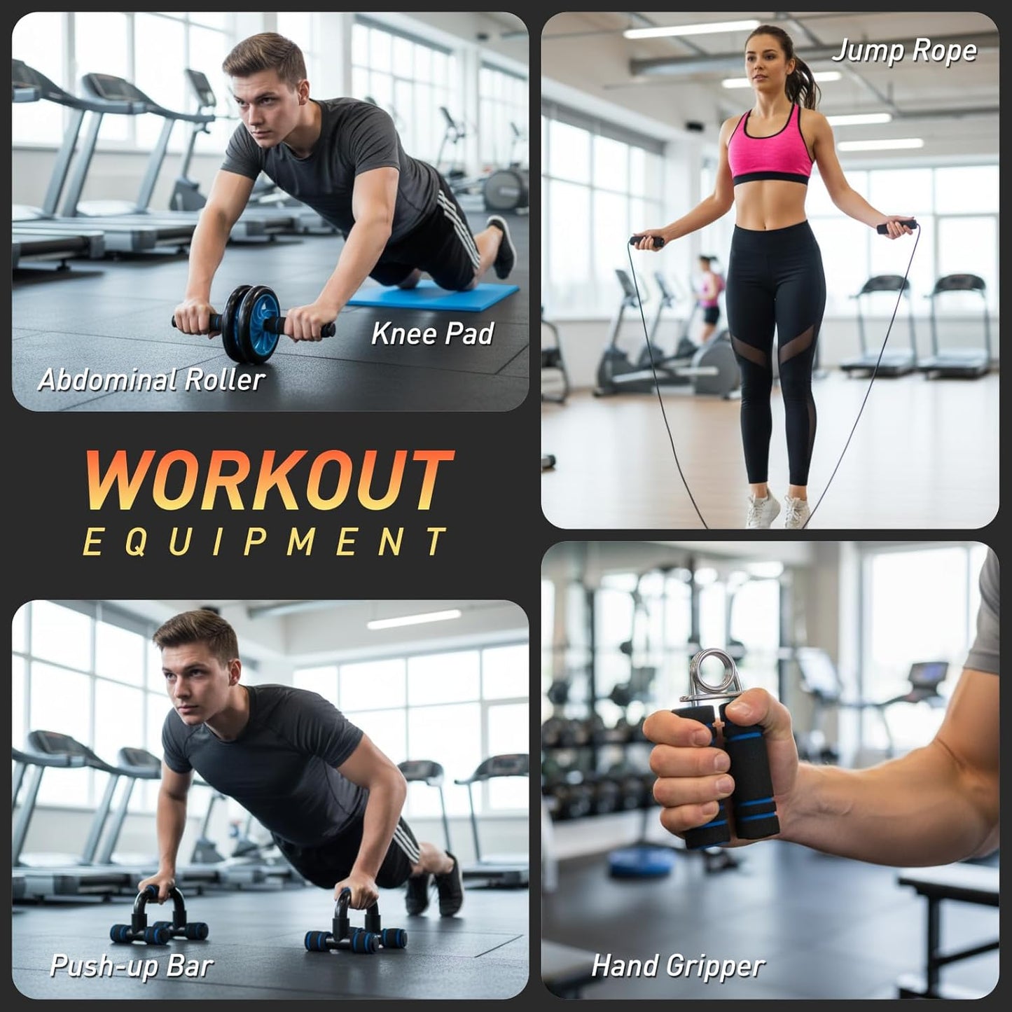 AB Wheel Roller Kit with Push-Up Bar, Knee Mat, Jump Rope and Hand Gripper - Home Gym Workout for Men Women Core Strength & Abdominal Exercis