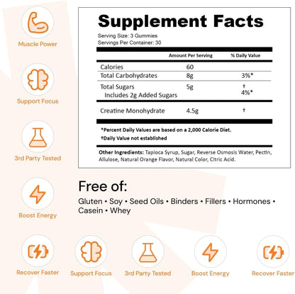 Creatine Monohydrate Gummies for Men & Women, Boost Focus, Strength, and Endurance, Anti-Melting Formula, Vegan, Gluten-Free, Non-Gmo, 1.5G of Creatine per Gummy (Orange)