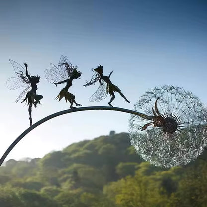 Dancing Fairy Statue Steel Wires Fairy Elf Dandelion Miniature Sculpture Mythical Garden Figurine Fairies Pixies Yard Decor