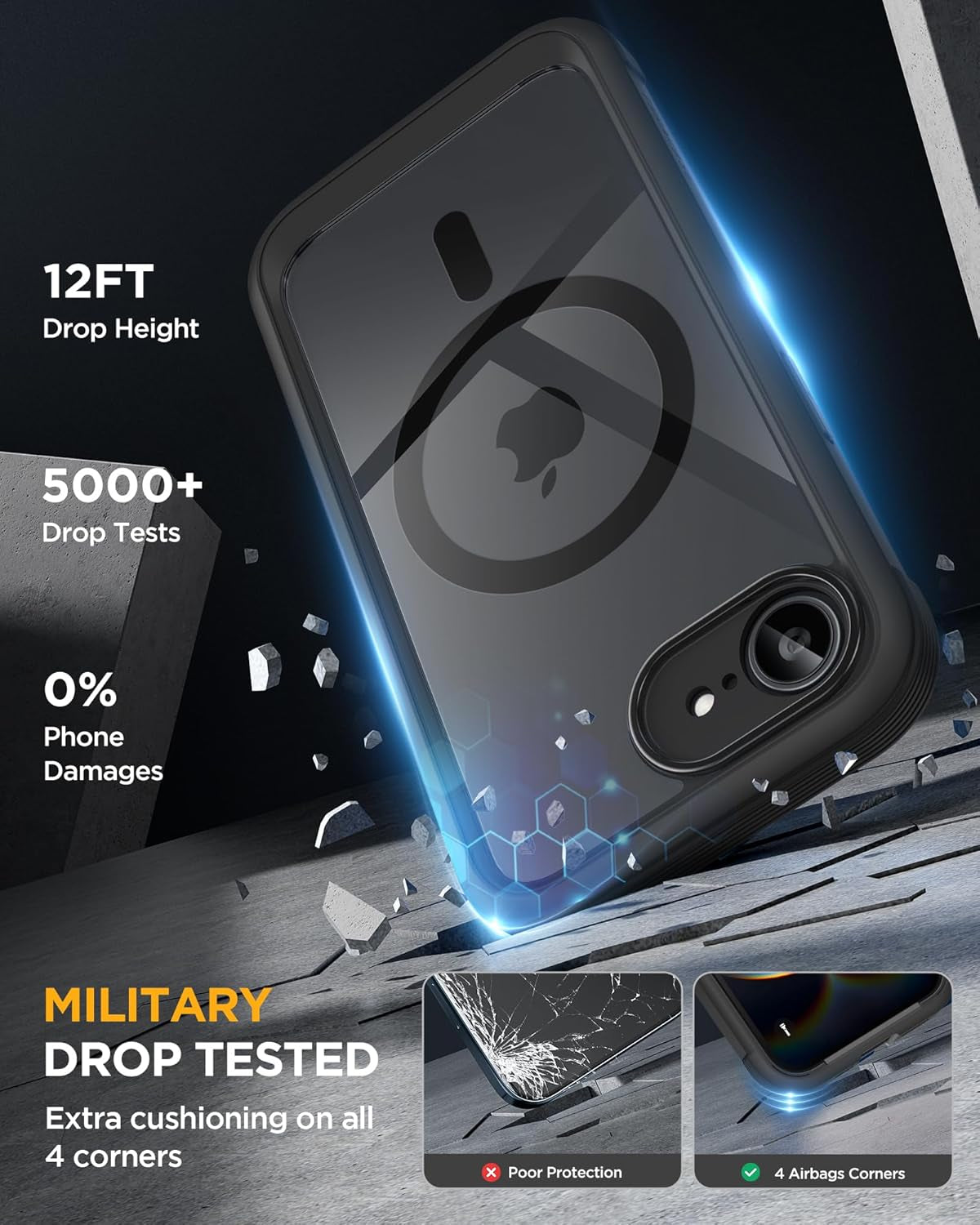 for Iphone 17E Case& Iphone 16E Case, Full-Body Phone with Built-In Glass Screen Protector, [Magnetic with Magsafe] Military Drop Proof 17 E/ 16 E Cover Bumper 6.1 Inch, Black