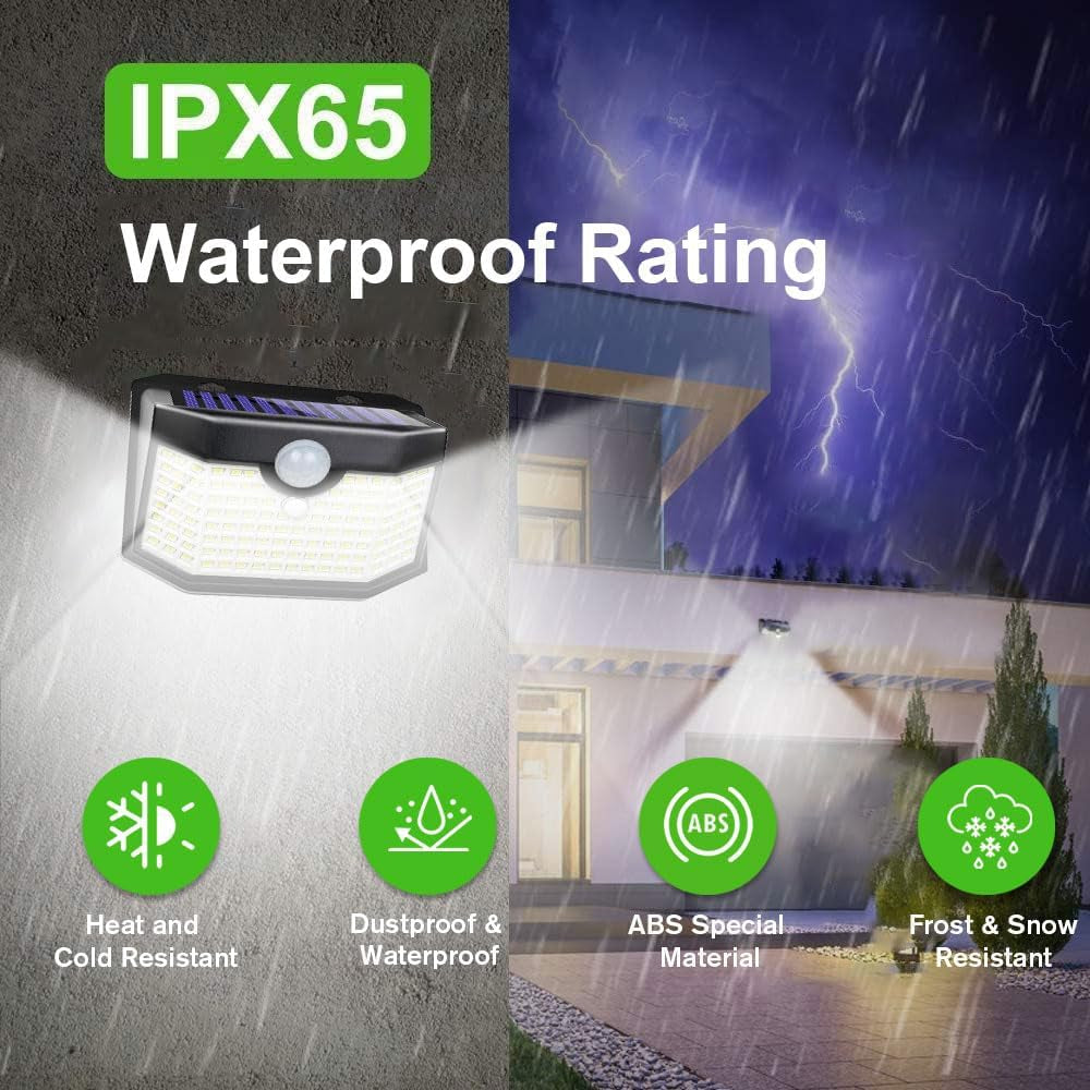 120 LED Outdoor Solar Lights with Motion Sensor and 3 Lighting Modes, IP65 Waterproof Wide Solar Wall Lights Ideal for Garden Patio Yard (Front Button 6Packs, Black Shell-Daylight White)