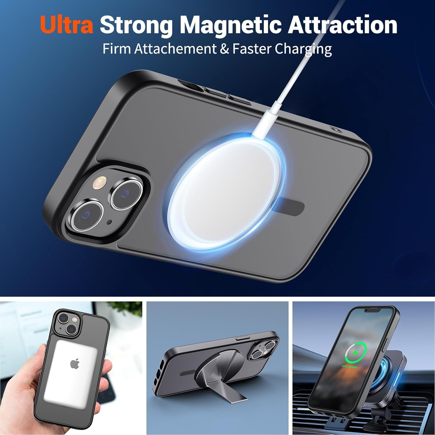 Magnetic for Iphone 14 Case & Iphone 13 Case (Compatible with Magsafe)(Military Grade Drop Protection) Translucent Matte Shockproof Phone Cover,Black