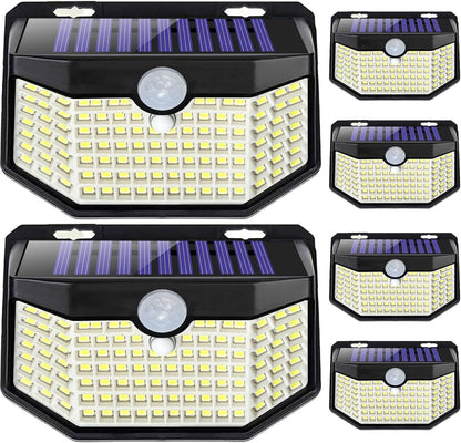 120 LED Outdoor Solar Lights with Motion Sensor and 3 Lighting Modes, IP65 Waterproof Wide Solar Wall Lights Ideal for Garden Patio Yard (Front Button 6Packs, Black Shell-Daylight White)
